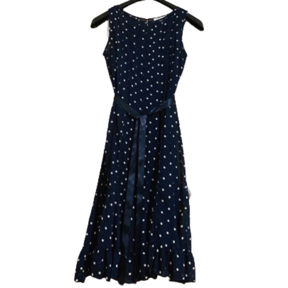 dressbarn Navy & White Sleeveless Polka Dot Pleated Dress w/ Waist Ribbon Tie
